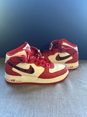 Nike Air Force 1 Mid Red & Cream Plaid Swoosh